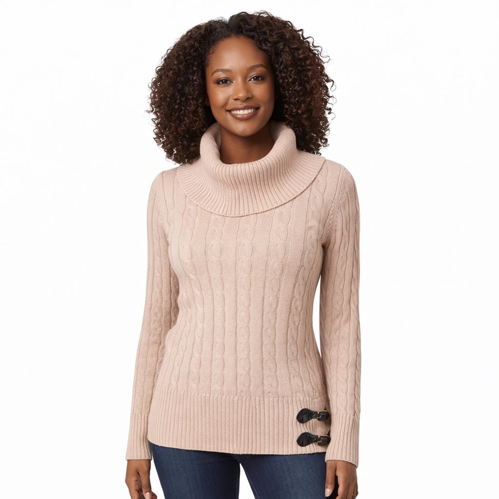 Calvin Klein Soft Pink Cable Knit Cowl Neck Sweater Faux Leather Buckle Size M